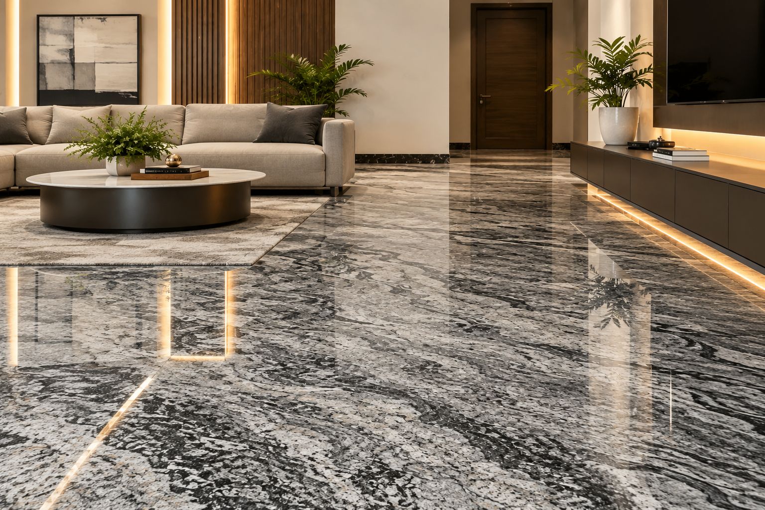 After: mirror-polished granite flooring installation completed in Eluru